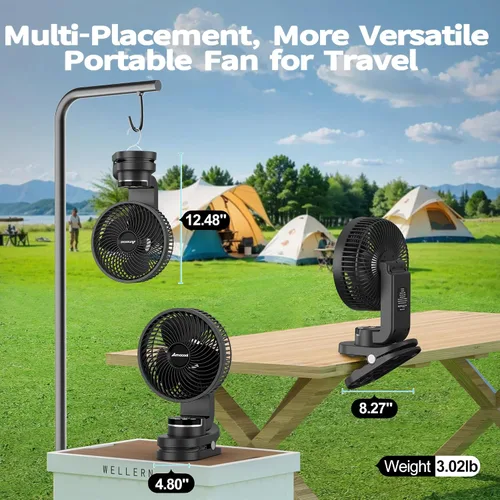 Vista 7 de AMACOOL Ventilador de campamento a pilas con luz, ventilador recargable de clip de 20000 mAh con gancho y pantalla digital, 112 horas