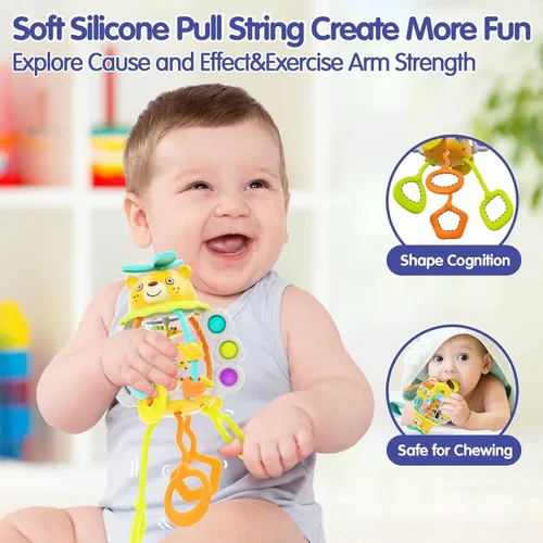 Vista 4 de Juguetes Montessori HOLA para niños de 1 año, juguetes para dentición con sonajero para bebés de 0-6 y 6-12 meses, juguetes sensoriales de silicona