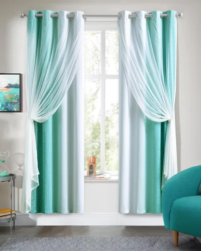 Vista 18 de Cortinas 100% opacas con superposición de gasa Mix and Match de doble capa, 54 pulgadas de largo, 2 paneles para dormitorio y sala de estar, azul