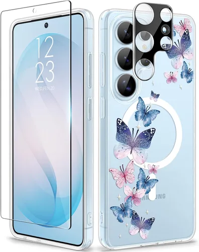 Vista 32 de GVIEWIN Funda protectora para Samsung Galaxy S25, transparente floral, delgada, a prueba de golpes, para mujer, no se pone amarilla, con protector