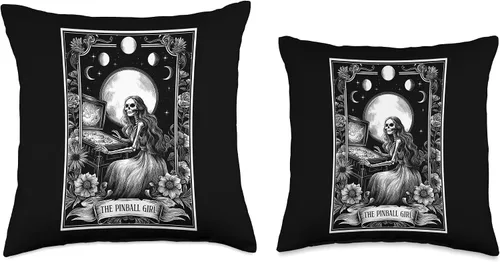 Vista 3 de The Pinball Girl Retro Arcade Game 80s Tarot Card Skeleton Throw Pillow