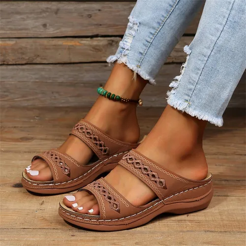 Vista 23 de Ladmiple Sandalias ortopédicas florales de moda 2023 con soporte de arco, zapatillas romanas casuales con puntera abierta