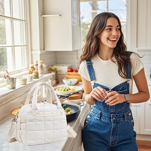 Vista 8 de LEDAOU Lonchera para Mujeres, Bolsa de Almuerzo Acolchada con Relleno Puffer, con Correa Ajustable, Aislada, Reutilizable, para el Trabajo, Escuela