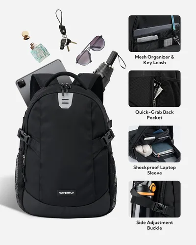 Vista 4 de WATERFLY Mochila pequeña de viaje casual 20L para hombres y mujeres, trabajo, viajeros, diarios, EDC Daypack Senderismo, Gimnasio