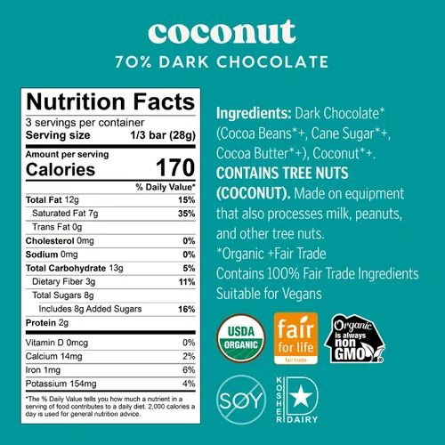 Vista 2 de Theo Barra de chocolate negro orgánico de coco y chocolate, 70% cacao, paquete de 6 Vegano, comercio justo