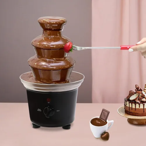 Vista 3 de Fuente de chocolate de 3 niveles de 120 V, 40 W, acero inoxidable negro, capacidad de 1 libra, con bandeja de alimentos y 6 tenedores para fiestas