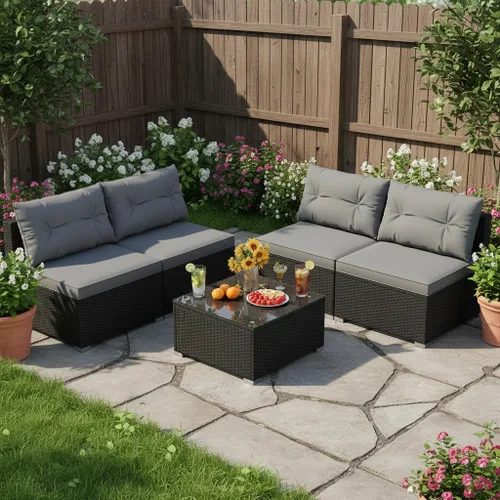 Vista 10 de Tangkula Juego de 2 sofás de mimbre para exteriores, sin brazos, juego de sofá modular de ratán para patio con 2 cojines de asiento gruesos y 2