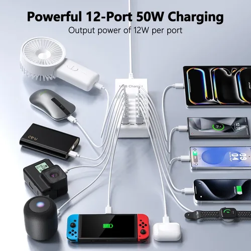 Vista 6 de Estación de carga USB de 50 W (10 A), 12 puertos, carga de escritorio USB, bloque de carga múltiple, concentrador USB compatible con iPhone