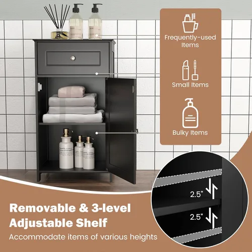 Vista 7 de GLACER Armario de suelo de baño, gabinete de almacenamiento lateral de una sola puerta con cajón, organizador de almacenamiento de madera para baño