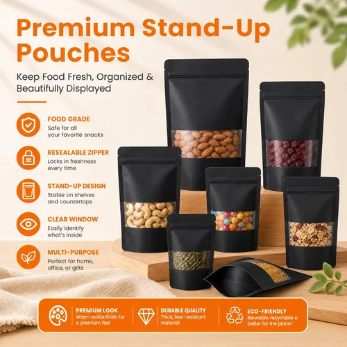 Vista 7 de 100 bolsas de papel kraft negro con ventana, bolsas de pie de 3.5 x 5.5 pulgadas, bolsas de almacenamiento de alimentos para productos de embalaje