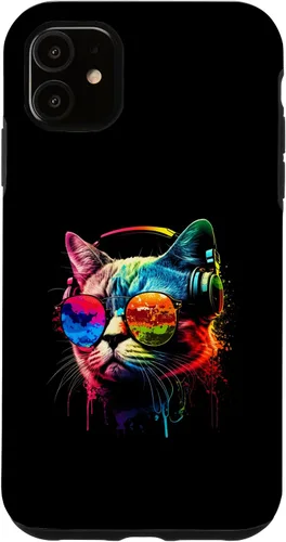 Vista 5 de Funda divertida para iPhone 15 DJ Cat con gafas de sol, auriculares y música