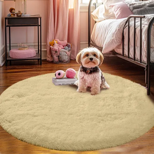 Vista 2 de Alfombra redonda beige para dormitorio: alfombra suave y esponjosa de 4 x 4 pies para sala de estar, alfombra redonda de felpa peluda