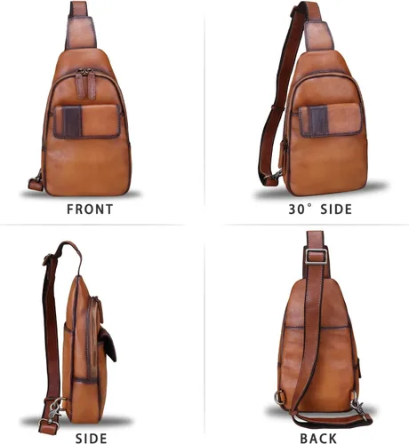 Vista 4 de LRTO Bolso bandolera de cuero genuino - Mochila de cuero hecha a mano para mujeres y hombres - Crossbody, bolsa de pecho