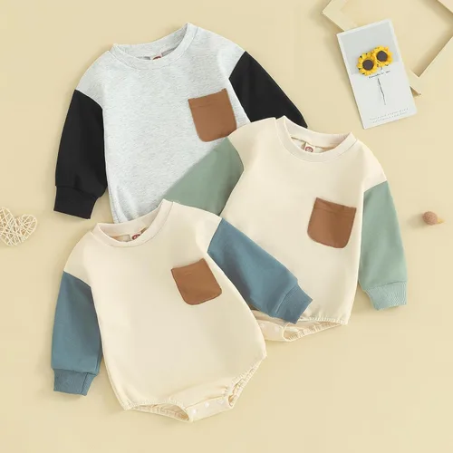 Vista 61 de Mameluco de manga larga con bloques de color para bebé, niño, niña, con bolsillo, cuello redondo, sudadera básica para otoño e invierno