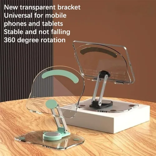 Vista 7 de XIHAMA Soporte acrílico para tableta con base giratoria de 360°, soporte plegable ajustable transparente para iPad de escritorio para iPad/Pro/Air