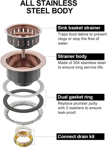 Vista 5 de BOTEMY B9171 Kit de drenaje de fregadero de cocina de cobre 3 1/2 colador para fregadero de cocina con colador de acero inoxidable, tapón de Cobre