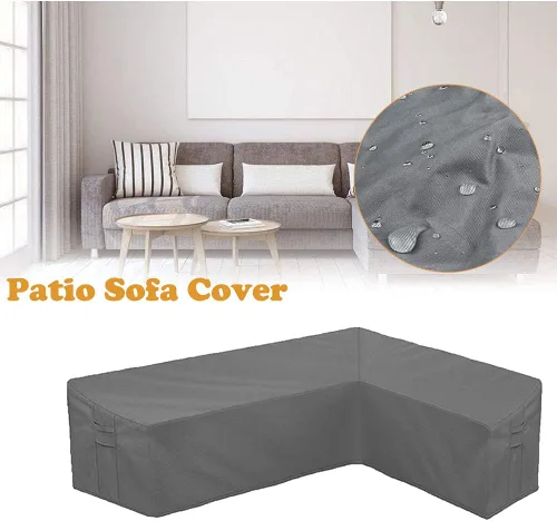 Vista 2 de Funda para sofá de patio, funda para muebles seccionales en forma de L, resistente al agua, protector de sofá de jardín con correa de hebilla y asa