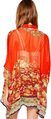 Vista 2 de olrain - Cárdigan estilo kimono holgado y traslúcido, de gasa, con estampado floral, para mujer