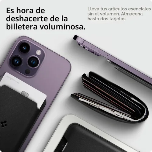 Vista 5 de Spigen para Billetera MagSafe, Sostiene 2 Tarjetas, MagFit Compatible con Modelos iPhone 17/16/15/14/13/12, Serie Pixel 10, Fundas MagSafe Pu Negro