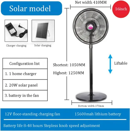 Vista 6 de Ventilador de pie oscilante solar, ventilador móvil recargable de 15600 mAh con panel solar, altura ajustable, ventiladores solares para el hogar