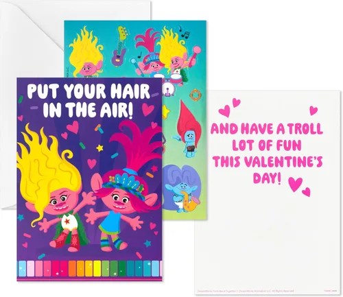 Vista 4 de Hallmark Trolls - Surtido de tarjetas de San Valentín para niños (24 tarjetas de San Valentín, 24 hojas de calcomanías y sobres)