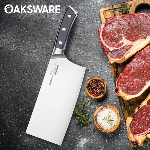 Vista 7 de OAKSWARE Cuchillo de carnicero chino de 7 pulgadas, cuchillo de cortar chino, acero alemán y mango ergonómico de ABS, cuchillo afilado para cortar