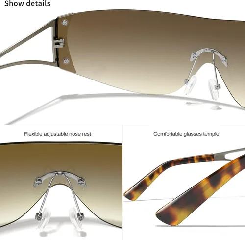 Vista 5 de Gafas de sol Y2K envolventes sin montura para mujeres y hombres, diseño de escudo futurista sin marco, protección UV