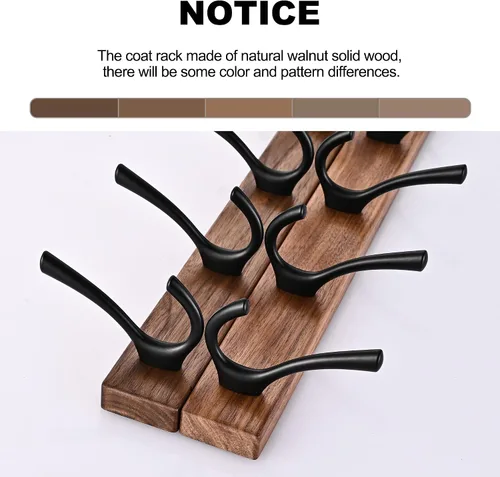 Vista 5 de Perchero de pared pequeño de madera de nogal de 17.3 pulgadas con 4 ganchos, colgador de chaquetas de madera resistente montado en puerta