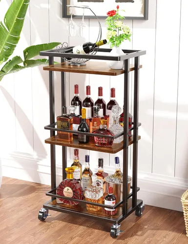 Vista 11 de OKZEST Carrito de barra de 3 niveles para el hogar, mini gabinete de licor Negro (Rustic Black)