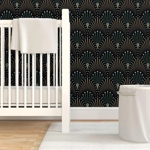 Vista 6 de Muestras de papel tapiz para despegar y pegar, ventilador Art Deco negro, verde, marrón, dorado, geométrico, puntos geométricos, papel tapiz