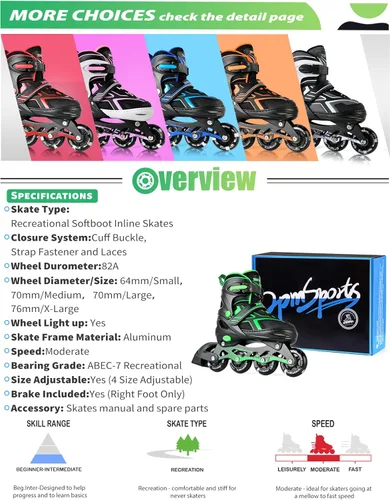 Vista 8 de 2PM SPORTS - Patines en línea ajustables Torinx verde para niños, patines divertidos para principiantes para niños, jóvenes, niñas, hombres y mujeres
