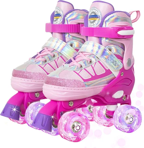 Vista 9 de MammyGol Roller Skates for Kids Boys Girls, Adjustable Quad Skates with Light Up Wheels for Toddler Little Kids Ages 6-12, Beginners Outdoor Sports