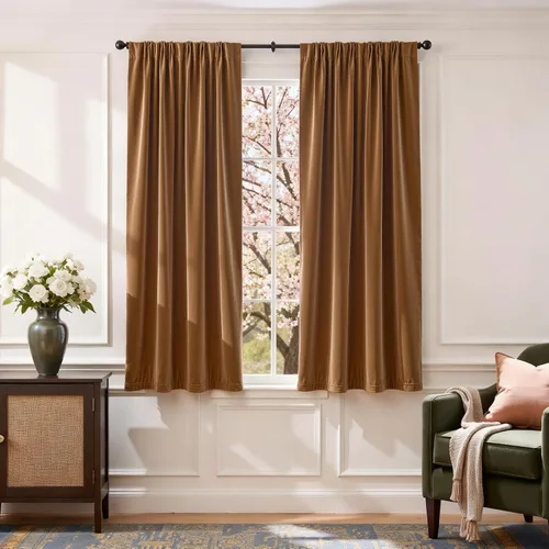 Vista 84 de Lazzzy Cortinas opacas de terciopelo beige de 84 pulgadas de largo con aislamiento térmico para oscurecer la habitación, cortinas forradas de lujo