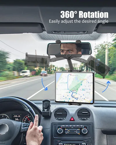 Vista 4 de Soporte para tablet para espejo retrovisor de automóvil, soporte retráctil para teléfono para espejo retrovisor, soporte para GPS giratorio de 360°
