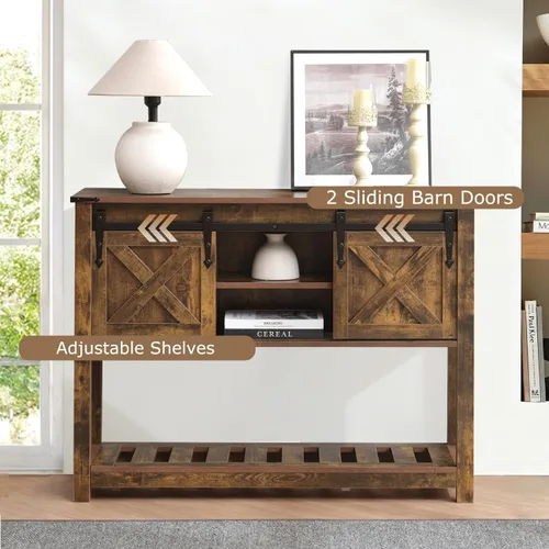 Vista 4 de Mesa de entrada de estilo granja con puertas corredizas de granero, mesa consola de madera con estante de almacenamiento, mesa de sofá rústica