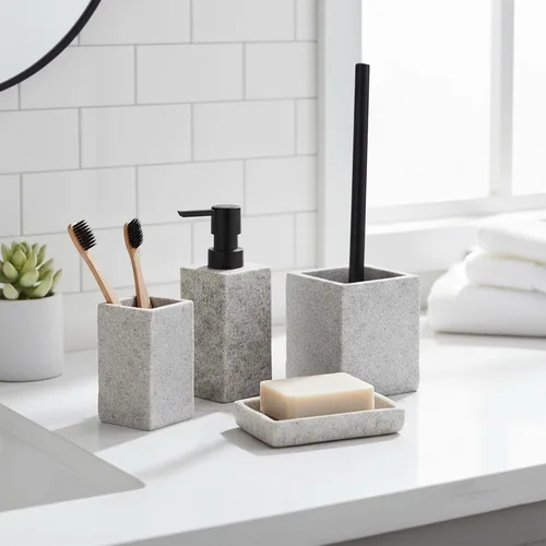 Vista 7 de Colección Stone Effect - Juego de accesorios de baño, color blanco, 4 piezas