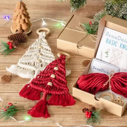 Vista 3 de Aphmeir Kit de macramé para árbol de Navidad, paquete de 3 unidades de árbol tejido de macramé de Navidad, kits de bricolaje para principiantes