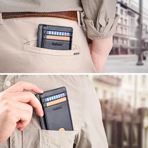 Vista 6 de Buffway - Billetera delgada minimalista de cuero con protección RFID para hombre y mujer