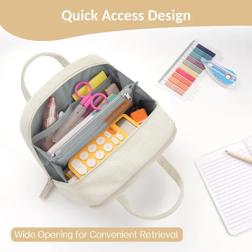 Vista 5 de Sooez Estuche grande para lápices, extra grande con 5 compartimentos, bolsa para bolígrafos de amplia apertura, organizador de pana suave con Beige