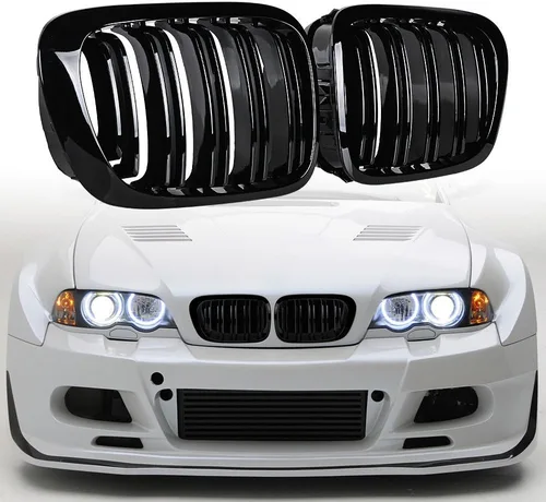 Vista 2 de Parrilla frontal superior brillante negra para riñón compatible con 1999-2002 E46 2 puertas Coupe Cabriolet 2DR