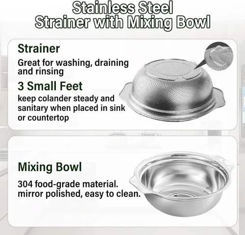 Vista 3 de Colador de acero inoxidable para cocina, colador de arroz de 2.5 cuartos con tazón para mezclar, juego de cuencos coladores con microporoso