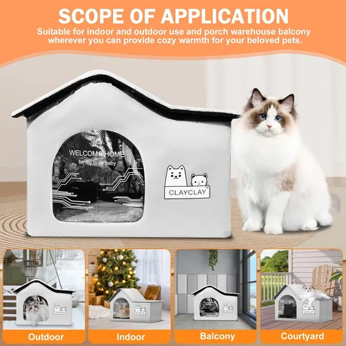 Vista 6 de Casa térmica para gatos para mascotas exteriores en invierno, refugio de invierno para gatos y perros pequeños con almohadilla térmica, casa térmica
