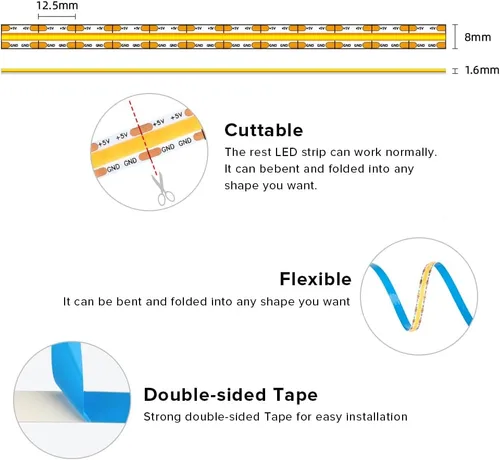 Vista 4 de Tira de luz LED USB de 6.56 pies, 5 voltios alimentada por USB, luces LED COB de 3000 K, blanco cálido de 0.315 in, tiras flexibles de alta densidad