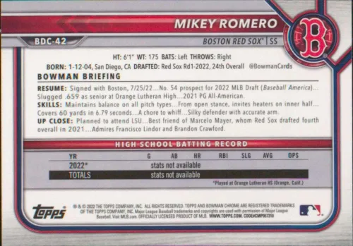 Vista 2 de 2022 Bowman Draft Chrome #BDC-42 Mikey Romero Boston Red Sox Baseball Card - GotBaseballCards