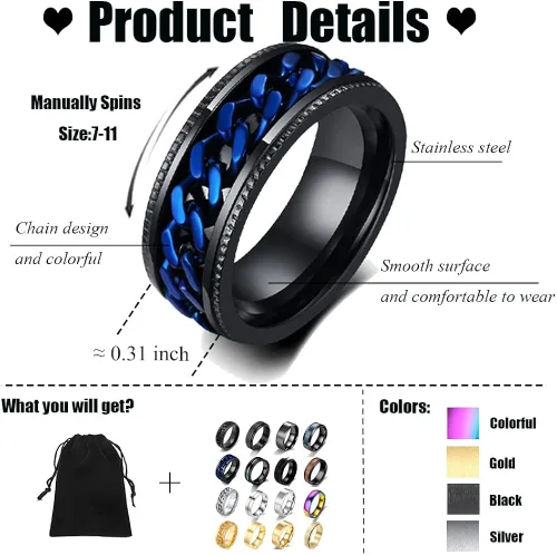 Vista 2 de Svovin Juego de 16 anillos giratorios de acero inoxidable para hombres y mujeres, cadena sencilla y fresca, con incrustaciones, antiansiedad