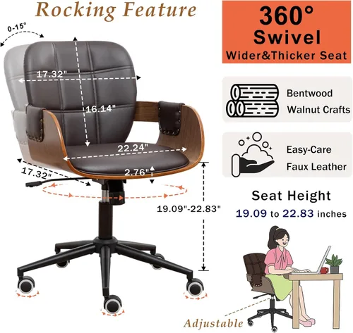 Vista 2 de Silla de escritorio de oficina en casa con ruedas giratorias, artesanía de nogal, respaldo y brazos curvos ergonómicos, piel sintética, altura