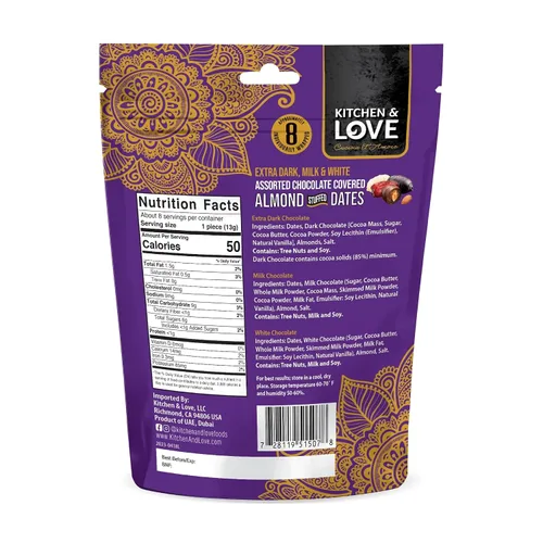 Vista 2 de Kitchen & Love Surtido de dátiles rellenos de almendras cubiertas de chocolate en una práctica bolsa resellable, 8 piezas envueltas individualmente