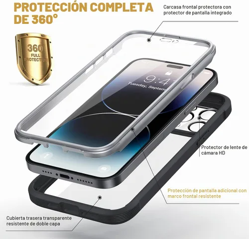 Vista 2 de Diaclara - Funda diseñada para iPhone 14 Pro de 6.1 pulgadas, resistente, de cuerpo completo, con protector de pantalla sensible al tacto y Negro