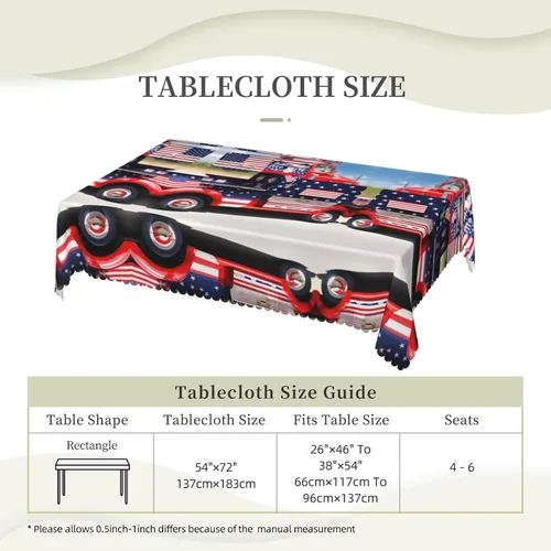 Vista 6 de Mantel rectangular de encaje de poliéster con diseño patriótico de camión del 4 de julio, 54 x 72 pulgadas, resistente a las arrugas, lavable