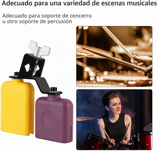 Vista 4 de RANMING - Bloque de plástico para atascos, doble campana de sambago, escenario y banda, amarillo-morado Juego de percusión de cencerro latino